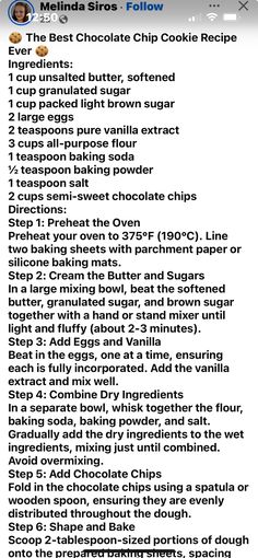 the recipe for chocolate chip cookies is shown in this screenshoto screen shot from facebook