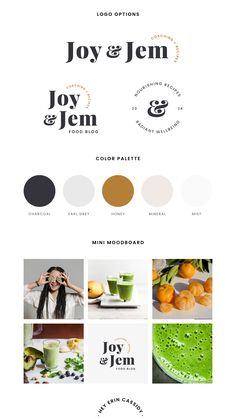 the website design for joy and jem is shown in black, white, and green