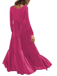 Material:70-80% Cotton.Features: Long sleeve, crew neck, solid color, asymmetric tiered, floor-length dresses.Style:Casual. Layered Maxi Dress, Solid Maxi Dress, Maxi Dress Outfit, Pink Wine, Ruched Sleeve, Maxi Dress Black, Fall Dress, Midi Dress Casual, Mini Dress Casual