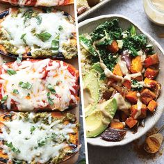 two plates with different types of food on them, one has cheese and the other has broccoli