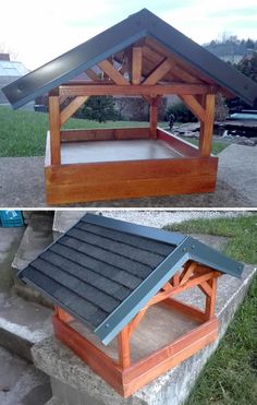 two different views of a dog house made out of wood and metal, with the roof covered in shingles