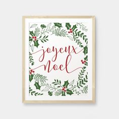 a christmas card with the words joyeux noel written in red and green holly leaves