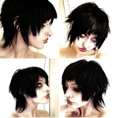 Shaggy Grown Out Pixie, Creepycore Aesthetic Outfits, 90s Choppy Short Hair, Anabelle Jean, Short Punk Hair Pixie, Emo Hairstyles Short, Goth Pixie Cut, Goth Short Hair, Short Goth Haircuts