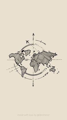 a black and white drawing of a world map with arrows pointing in different directions on it