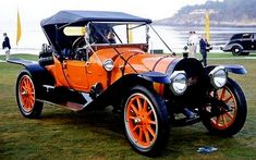 an orange and black car parked on top of a lush green field next to the ocean