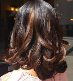 caramel highlights for dark brown hair Hair Color Peek A Boo, Peek A Boo Highlights, Brunette Hair Cuts, Highlights For Dark Brown Hair, Peekaboo Highlights, Brunette Bob, Blonde Haircuts, Black Hair With Highlights