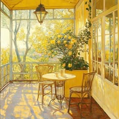 a painting of a table and chairs on a porch with yellow flowers in the window