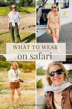 A midlife woman is pictured in Southern Africa, wearing four different safari outfits in neutral colors including, green, brown, beige and rust. In two photos she wear shorts or a romper and in one she has long green pants on. In another you only see her top half and she wears a brown linen shirt and scarf. Safari Fashion Women, What To Wear On Safari, Safari Outfit Women, Africa Safari Clothes, September Outfits, Botswana Safari, Most Beautiful Places On Earth, South Africa Safari, Safari Outfit