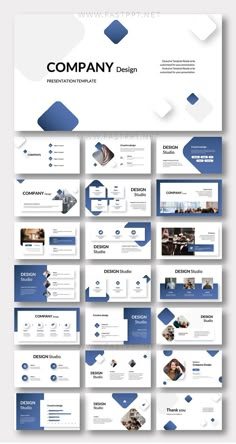 the blue and white powerpoint presentation is displayed on top of each other, along with several