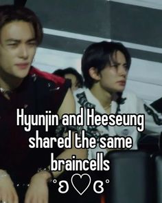 two people sitting next to each other with the words hyvinn and heeseung shared the same brancells