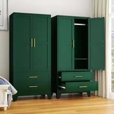 a green armoire in a bedroom next to a bed