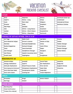 the vacation packing checklist is shown in purple and blue, with an airplane on it