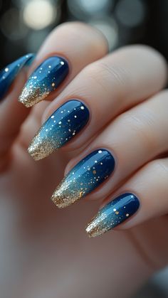 25 Blue Fall Nail Ideas That Will Make Your Nails Pop | Lookosm Navy Blue And Copper Nails, Blue Detail Nails, Blue And Copper Nails, Royal Blue Sparkle Nails, Blue Autumn Nails, Navy And Gold Nails, Ombre Nails Ideas, Blue And Gold Nails, Christmas Nail Trends