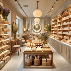 the inside of a store with lots of shelves filled with items and candles on display