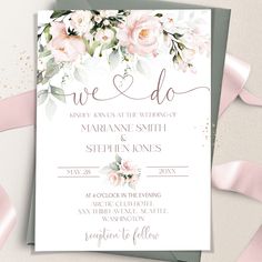 wedding card with pink flowers and greenery