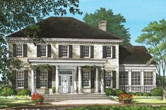 this is an artist's rendering of a house in the country style with white trim and black shutters