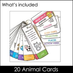 an animal card game with the words what's included