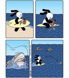 the comic strip features an image of a dog surfing