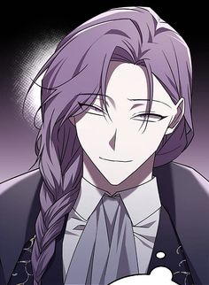 an anime character with long purple hair and braids, wearing a black shirt and tie