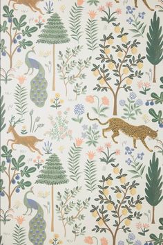 a wallpaper with various animals and trees on it's sides, including an orange cat