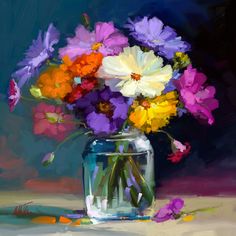 an oil painting of colorful flowers in a glass vase on a blue and purple background