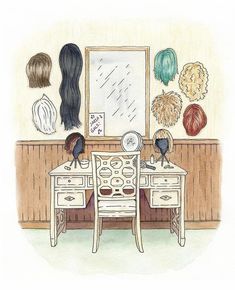 a watercolor and ink drawing of a desk with hair on it, in front of a mirror