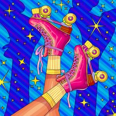 a painting of a person's feet with roller skates on them and stars in the background