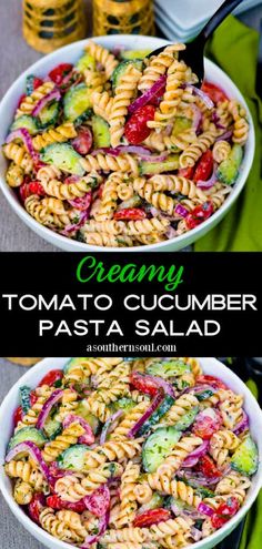 this creamy tomato cucumber pasta salad is the perfect side dish for any summer bbq