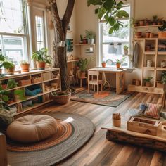 a living room filled with lots of plants and wooden shelves on the wall next to windows