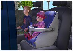 two children sitting in the back seat of a car, one is wearing a pink hat