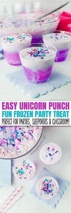 an easy unicorn punch party treat with sprinkles and rainbow colored frosting