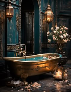 an ornate bathtub with candles and flowers on the floor in front of a blue wall