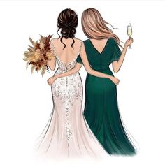 two women dressed in evening gowns, one holding a wine glass and the other carrying flowers