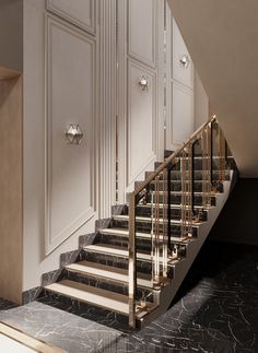 an elegant staircase with marble floors and white walls