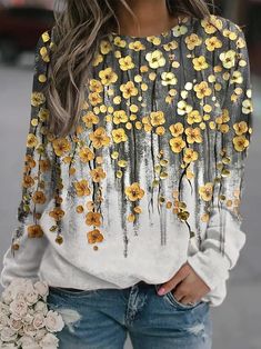 Loosen Floral Casual Sweatshirt Yellow Printed T-shirt For Fall, Yellow Long Sleeve Printed Top, Printed Crew Neck Sweater For Spring, White Floral Print Tops For Winter, Long Sleeve Printed T-shirt For Fall, Printed Long Sleeve T-shirt For Fall, Spring Long Sleeve T-shirt, Yellow Long Sleeve Printed T-shirt, Yellow Printed Long Sleeve T-shirt