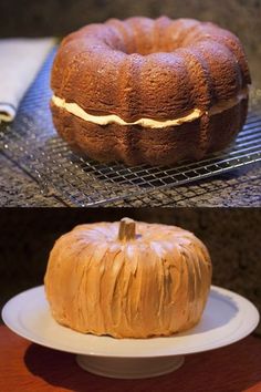 two pictures of a bundt cake with frosting on it