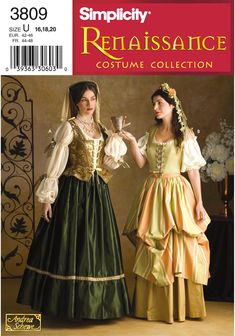 Simplicity 3809 Sewing Pattern Renaissance Costume Misses Blouse Vest Hat and Skirt   Pattern Co:  Simplicity Date:  2007 Size: Misses' 16-20 Condition of Pattern:  Uncut in factory folds with instructions included. Condition of Envelope:  Good with light wear. 📦 We normally ship within 1-2 business days after purchase via USPS First Class.  For faster delivery service, please choose USPS Priority Mail.   We also offer Shipping Insurance that covers lost or damaged mail, here:  https://www.etsy.com/listing/730879768/shipping-insurance-available-for?ref=shop_home_active_1&frs=1 Please make sure your Shipping Address is current prior to checkout.  Any returned packages will be relisted for re-purchase and we refund for the price of the item only. Please convo us with any questions you may h Tudor Costumes, Costume Sewing Patterns, Gown Pattern, Medieval Costume, Costume Patterns, Medieval Dress, Costume Collection, Simplicity Sewing Patterns, Sewing Pattern Sizes