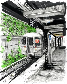 a drawing of a subway train pulling into the station