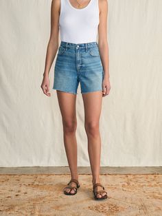 Organic Cotton Denim Short - Lakewood Wash Summer Dark Wash Jean Shorts With Frayed Hem, Dark Wash Frayed Hem Jean Shorts For Summer, Dark Wash Jean Shorts With Frayed Hem For Summer, Summer Mid-rise Jean Shorts With Frayed Hem, Summer Cutoff Jean Shorts In Medium Wash, Dark Wash Mid-rise Jean Shorts For Summer, Classic High-waisted Relaxed Fit Jean Shorts, Dark Wash Jean Shorts For Summer, Summer Dark Wash Shorts With Frayed Hem