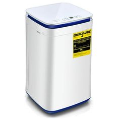 a white and blue trash can on a white background