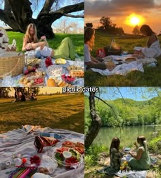 people are sitting in the grass eating and having picnics near a river at sunset