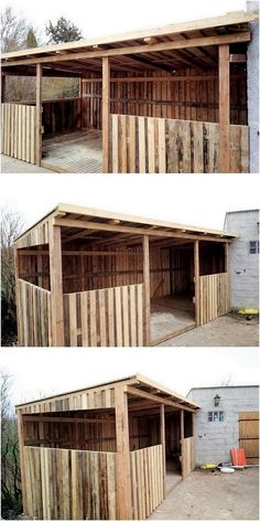 two pictures of the inside of a building with wood sidings and doors on each side