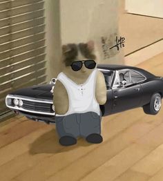 a cartoon bear is standing next to a car with sunglasses on it's head