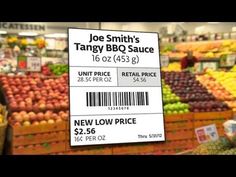 the price label for joe smith's tangy bbq sauce is displayed in a grocery store