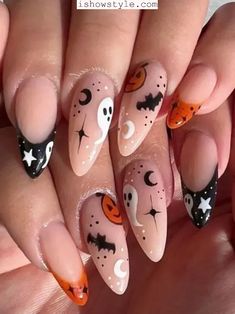 Aesthetic Nails Halloween, Nail For Halloween, Halloween Autumn Nails, Nail Ideas Acrylic Halloween, Halloween Nails With Stickers, Almond Nails Halloween Designs, Spooky Halloween Nails Almond, Holiday Nails Halloween, Nails For Halloween Acrylic