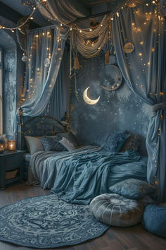 The Mystic Moonlit Retreat boho witchy bedroom utilizes soft grays and silvers to mimic the serene light of the moon. A canopy bed draped with light, gauzy fabrics adds to the dreamy atmosphere, while crystal decor catches the light, casting gentle reflections around the room. This space is designed for relaxation and reflection, ideal for those who feel a deep connection to the lunar cycle. Mirrored surfaces and moon-themed artwork enhance the connection to the night sky. Click to discover more lunar-inspired bedrooms. Draped Bedroom Ceiling, Ceiling Canopy Ideas, Relaxed Interior Design, Moon Bedroom Decor, Witchy Themed Bedroom, Moon Bedroom Aesthetic, Witchy Cottagecore Bedroom, Serene Bedroom Decor, Fae Bedroom Aesthetic