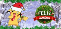 a cartoon pikachu holding a candy cane in front of a christmas tree with the words feliz navidad