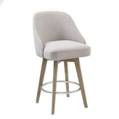 an upholstered bar stool with wooden legs and a grey fabric seat cushion on a white background