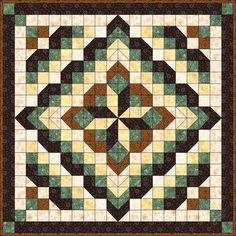 a green, brown and white quilt with an intricate design on the center piece is shown