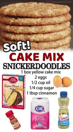 soft and chewy cake mix is in the middle of this poster with ingredients to make it